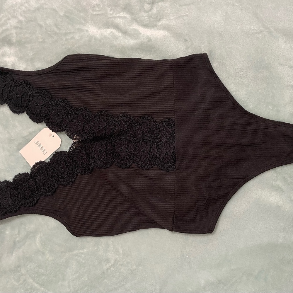 Black Plunging Bodysuit with Lace Detail Brand New w/ Tags